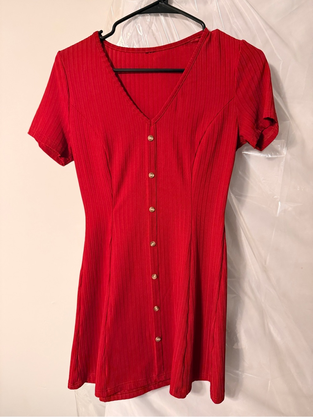 Red Button-Front Ribbed V-Neck Mini Dress